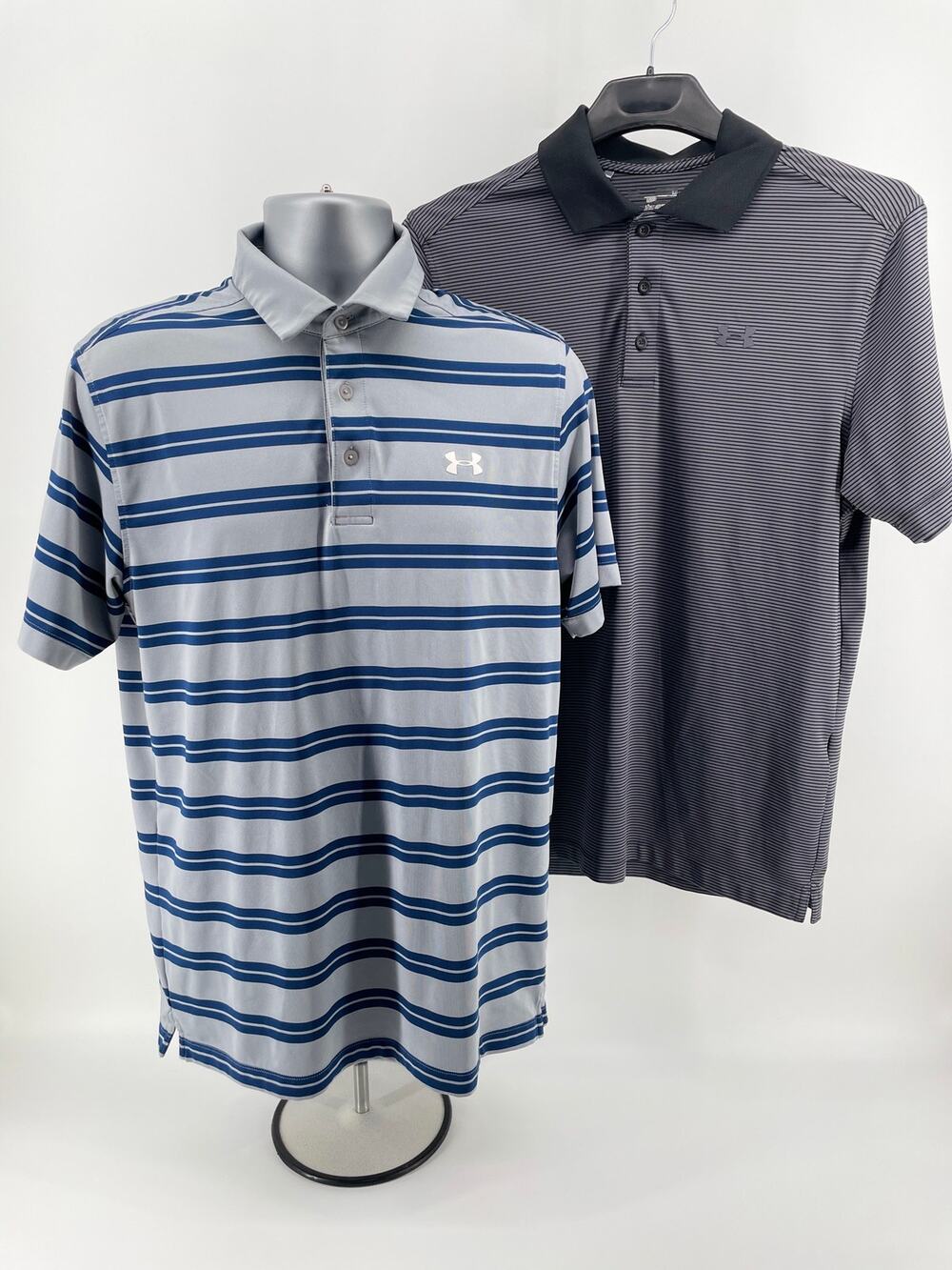 Under Armour Polo Shirts Men’s M Blue/Charcoal Striped HEATGEAR Loose Fit